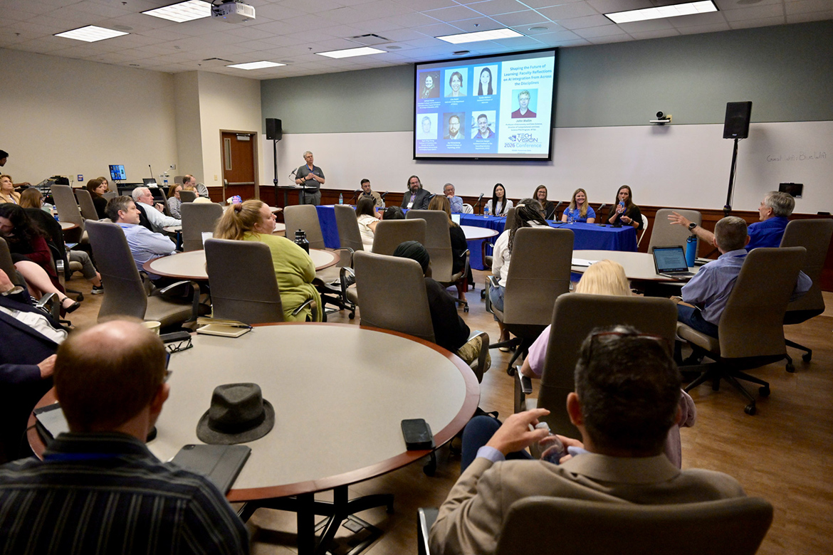 Middle Tennessee State University Criminal Justice Administration faculty member Carter Smith, far right, makes a point during one of the breakout sessions at the Tech Vision 2026 conference held April 10 at the Miller Education Center on campus in Murfreesboro, Tenn. The session was titled “Shaping the Future of Learning: Faculty Reflections on AI Integration from Across Disciplines.” (MTSU photo by Andy Heidt)