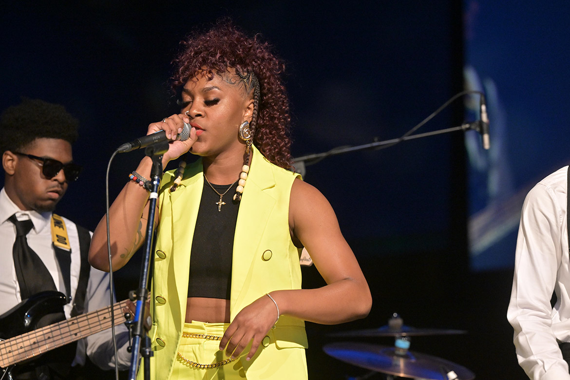 Khyi-Trell and the Trio Band perform during the Middle Tennessee State University Bolt Awards ceremony held Tuesday, April 14, in the Student Union Ballroom on campus in Murfreesboro, Tenn. (MTSU photo by James Cessna)