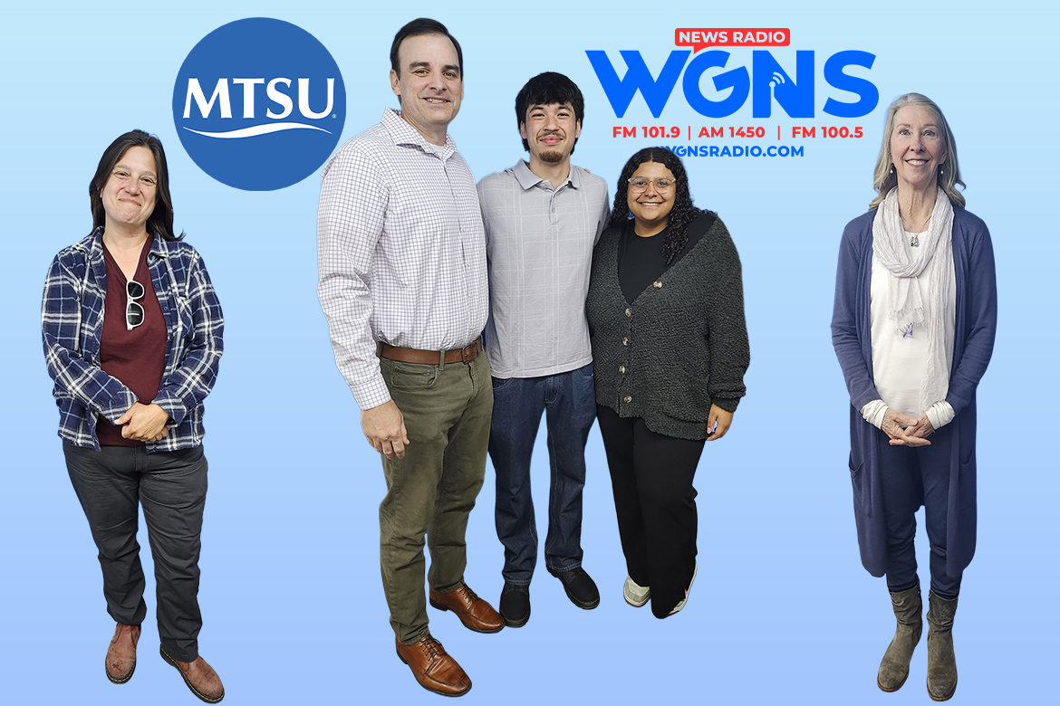 Collage of five people standing with logos interspersed.