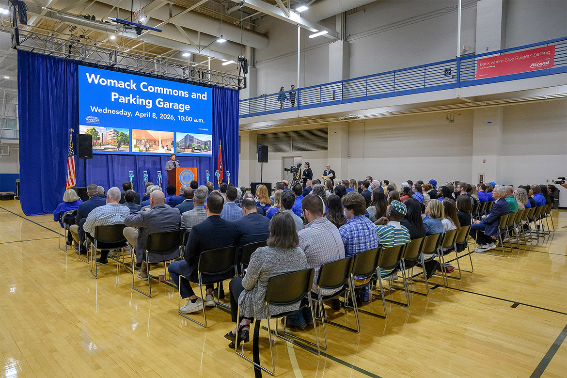 A capacity crowd attends the groundbreaking ceremony for the Womack Commons student housing project held on Wednesday, April 8, at the Middle Tennessee State University Recreation Center on campus in Murfreesboro, Tenn. The five-story, 554-bed development will be located south of the Rec Center and is slated for completion in summer 2027. (MTSU Photo by Andy Heidt)