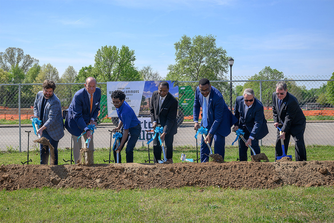 From left, Tom Tomaszewski, president of The Annex Group; Middle Tennessee State University Board of Trustees Chairman Stephen Smith; MTSU junior and resident assistant La’Nari Davis; MTSU President Sidney A. McPhee, Student Government Association President R.J. Ware; Anecdote Architectural Experiences owner Chuck Miller; and Danny Kelley, interim vice president of Student Affairs and dean of students, take part in the ceremonial groundbreaking for the Womack Commons student housing project on Wednesday, April 8, on campus in Murfreesboro, Tenn. The project will add more than 500 beds in a public-private partnership between Middle Tennessee State University and The Annex Group, and will include an adjacent parking garage. (MTSU Photo by Andy Heidt)
