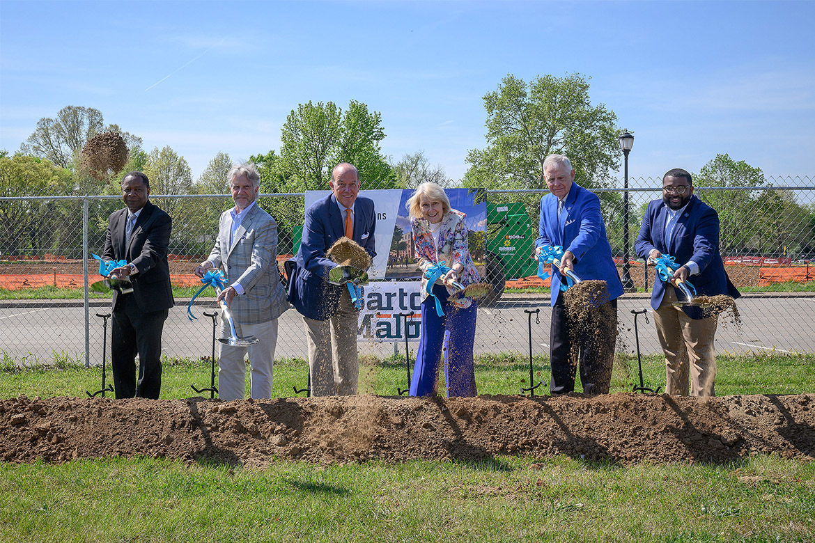 From left, Middle Tennessee State University President Sidney A. McPhee is joined by Board Trustees members Bill Jones, Chairman Stephen Smith, Vice Chair Christine Karbowiak Vanek, Tom Boyd and student trustee Michai Moseby as they make the ceremonial shoveling of dirt during the groundbreaking for the Womack Commons student housing project on Wednesday, April 8, on campus in Murfreesboro, Tenn. The new housing complex, which includes an adjacent parking garage, is part of a major campus housing expansion effort to meet increasing student demand. (MTSU Photo by Andy Heidt)