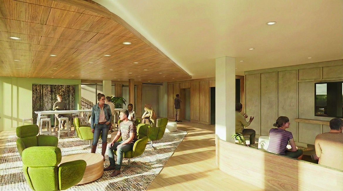 This artist rendering shows a common interior lounge area of a planned 554-bed Womack Commons student housing complex to be built on the southeast edge of the Middle Tennessee State University campus in Murfreesboro, Tenn. The public-private partnership, with MTSU controlling the complex, would include entry and floor lounges, community kitchen, laundry room, private and small group study spaces, landscaped courtyard, and MTSU residence life offices. (Courtesy of The Annex Group)