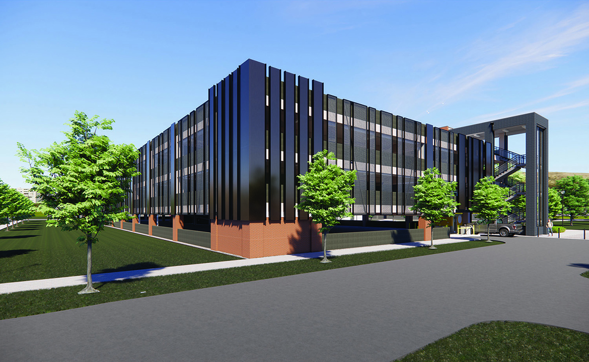 This artist rendering shows the exterior of a new parking garage with 541 spaces and an adjacent surface lot with 52 spaces to be built on the southeast edge of the Middle Tennessee State University campus in Murfreesboro, Tenn. The garage will serve the adjacent 554-bed Womack Commons student housing complex. A groundbreaking was held on both projects on Wednesday, April 8. (Courtesy of Anecdote Architectural Experiences)