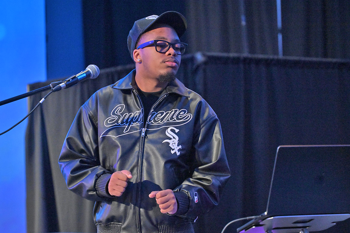 DJ Cash Ruulz keeps the festivities moving during the Middle Tennessee State University Bolt Awards ceremony held Tuesday, April 14, in the Student Union Ballroom on campus in Murfreesboro, Tenn. (MTSU photo by James Cessna)