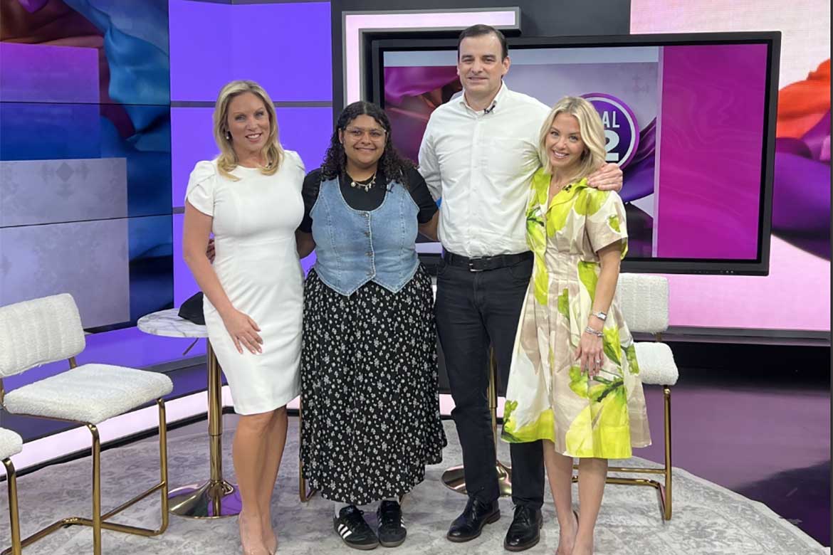 Middle Tennessee State University School of Journalism and Strategic Media senior advertising and public relations major Justine Norton, center left, and assistant journalism professor Matthew Taylor, center right, are shown in the studios of WKRN-TV News 2’s studio in Nashville, Tenn., for the station’s “MTSU on 2” segment, where they talked about their work this semester with the Honor Flight of Middle Tennessee, a veterans support organization. Pictured with them are program co-hosts Stephanie Langston, left, and Laura Schweizer, producer. (Submitted photo)