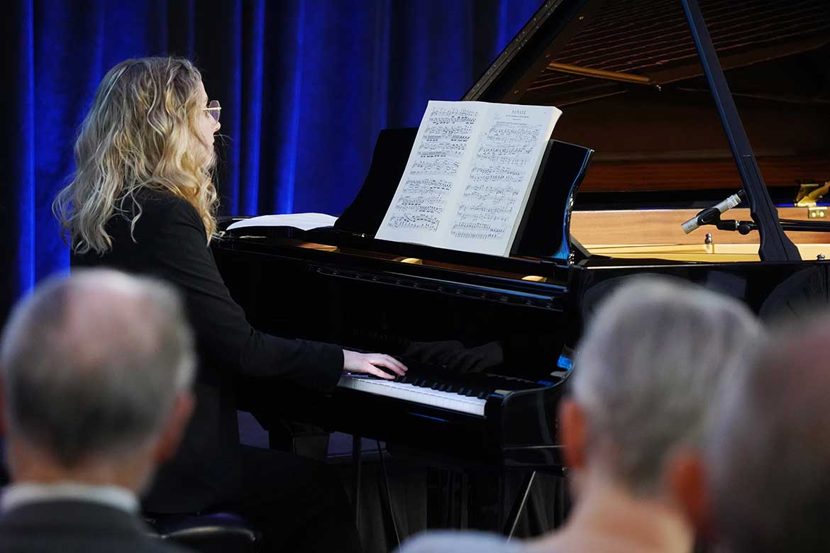 Middle Tennessee State University graduate piano student Taylor Van Ryckeghem performs during the School of Music Scholarship campaign kickoff event, April 14, 2026, in the Miller Education Center, in Murfreesboro, Tenn. The event featured student performances to showcase the opportunities made possible through scholarship support. (MTSU photo by Mike Davis) 
