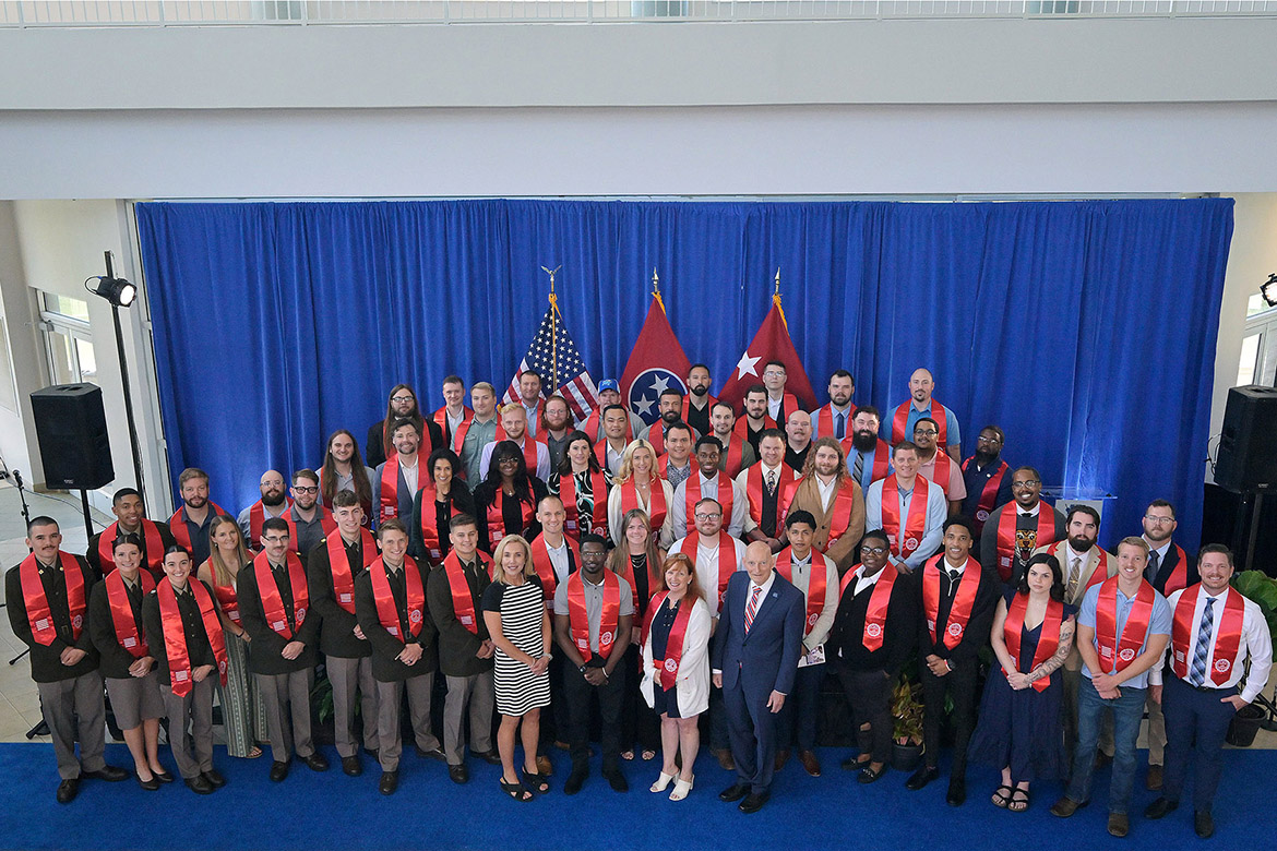 Student veterans and staff from the Charlie and Hazel Daniels Veterans and Military Family Center at Middle Tennessee State University in Murfreesboro, Tenn., pose for a group photo at the 33rd Graduating Veterans Stole Ceremony held Thursday, May 7, 2026, at Miller Education Center. Ninety-four veterans graduated from MTSU during three ceremonies that took place Friday-Saturday, May 8-9, on campus. (MTSU photo by Andy Heidt)