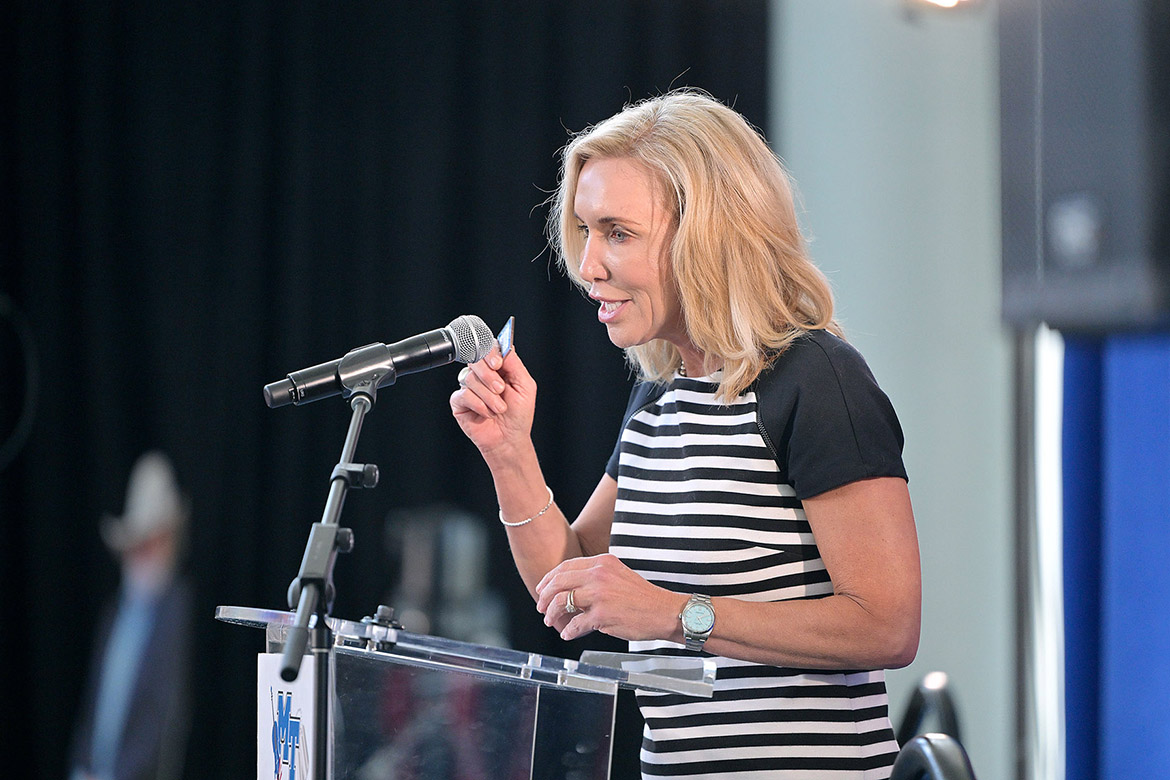 Hilary Miller, director of the Charlie and Hazel Daniels Veterans and Military Family Center at Middle Tennessee State University in Murfreesboro, Tenn., offers encouragement during the 33rd Graduating Veterans Stole Ceremony held Thursday, May 7, 2026, at Miller Education Center. (MTSU photo by Andy Heidt)