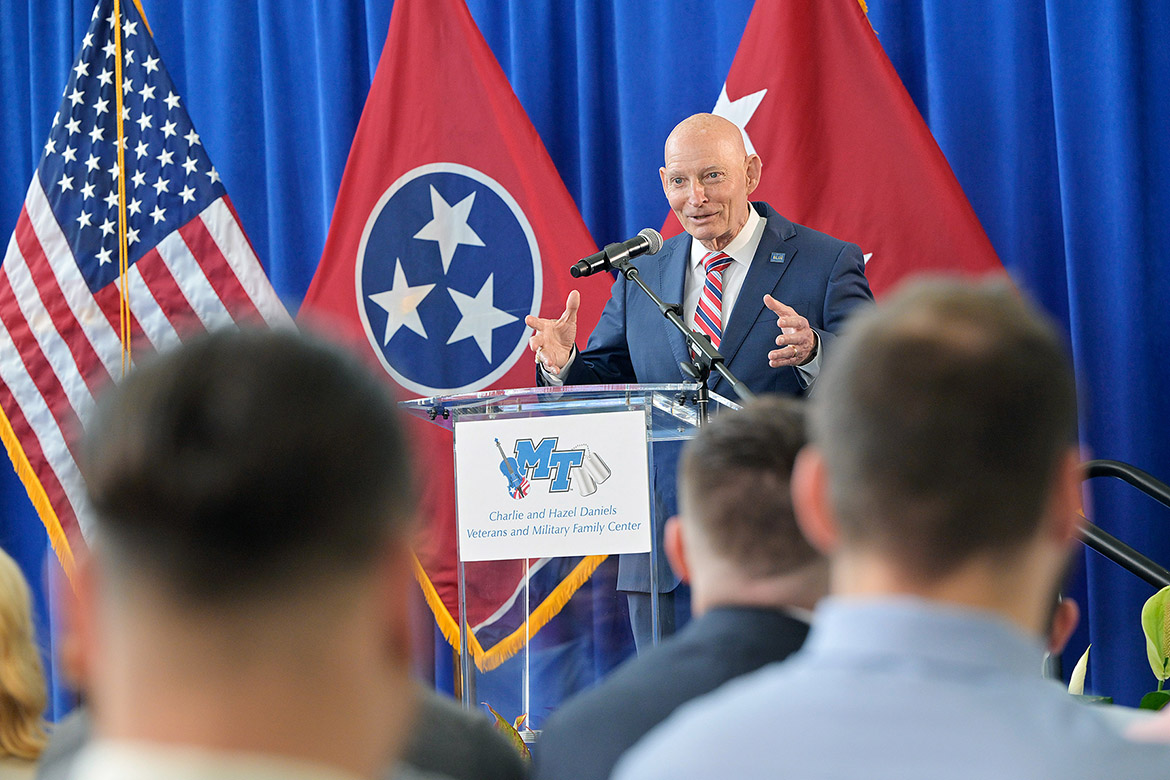 Retired U.S. Army Lt. Gen. Keith M. Huber, senior advisor for veterans and leadership initiatives at Middle Tennessee State University in Murfreesboro, Tenn., speaks to the crowd assembled at Miller Education Center on Thursday, May 7, for the 33rd Graduating Veterans Stole Ceremony. The event is hosted by the Charlie and Hazel Daniels Veterans and Military Family Center each semester prior to MTSU commencement ceremonies, which took place Friday-Saturday, May 8-9, on campus in Murfreesboro, Tenn.. (MTSU photo by Andy Heidt)