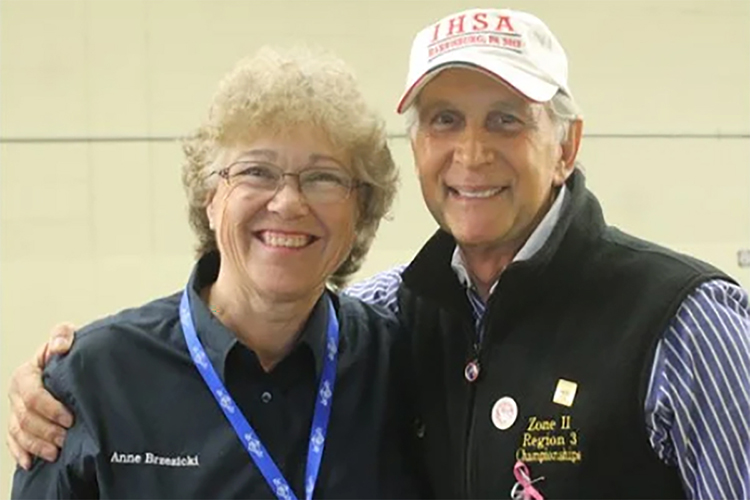 Anne Brzezicki, left, Middle Tennessee State University’s prolific former director of Equestrian programs, equestrian team coach and horse science instructor, takes a photo with Bob Cacchione, founder of the Intercollegiate Horse Show Association, at the 2013 National Championships. Brzezicki was inducted this year into the ISHA’s Hall of Fame. (Submitted photo)
