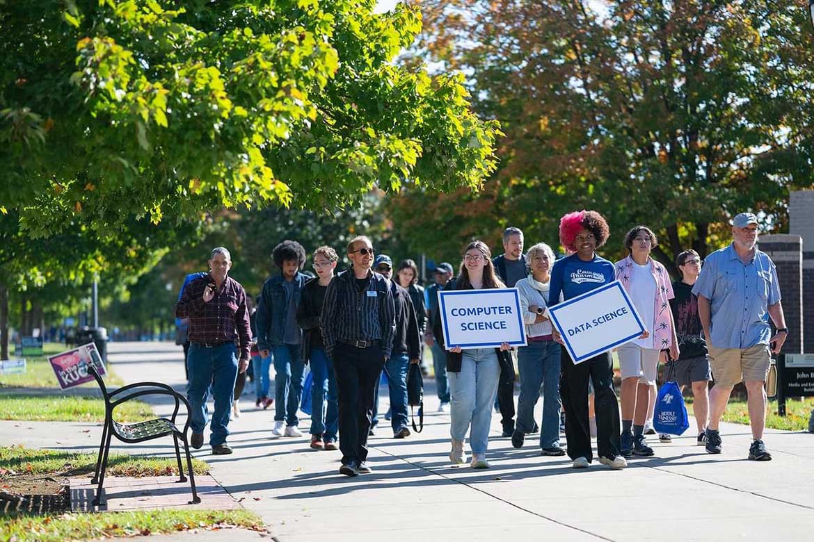 Callie Welch, left, gives a campus tour during a Preview Day at Middle Tennessee State University. (MTSU Photo)