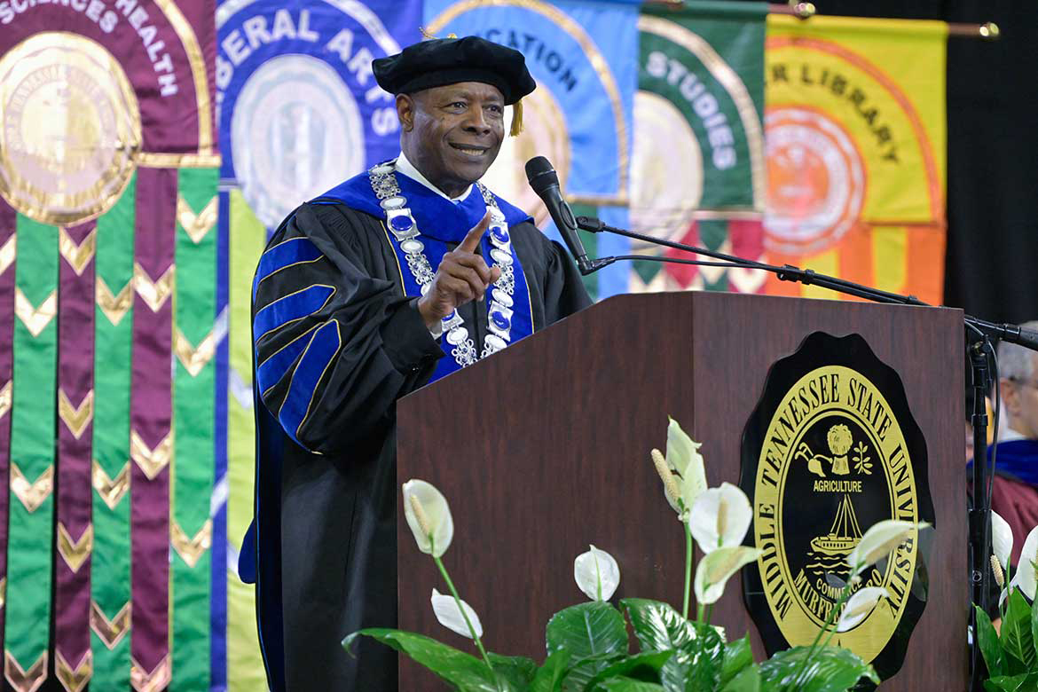Middle Tennessee State University President Sidney A. McPhee encourages the spring 2026 graduating class during the first of three commencement ceremonies held inside Murphy Center.