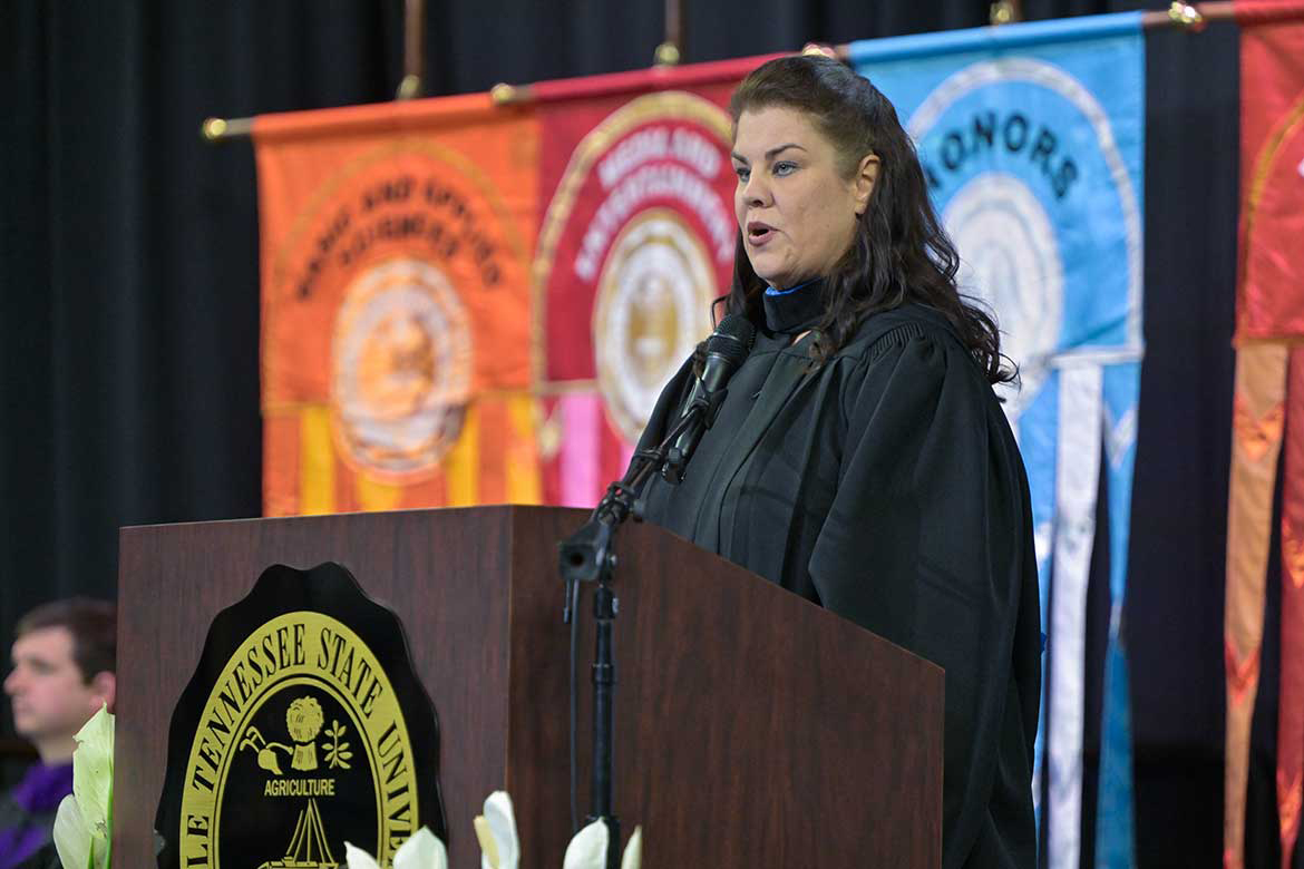 Tennessee state Sen. Dawn White gives words of encouragement to Class of 2026 graduates at the first of three commencement ceremonies at Middle Tennessee State University’s Murphy Center.