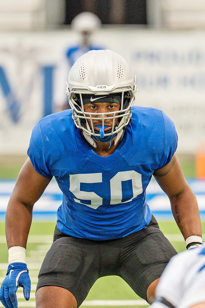 Elijah Carney, a senior philosophy and religious studies major at Middle Tennessee State University in Murfreesboro, Tenn., and linebacker for the Blue Raiders football team, takes part in football practice. (Submitted photo)