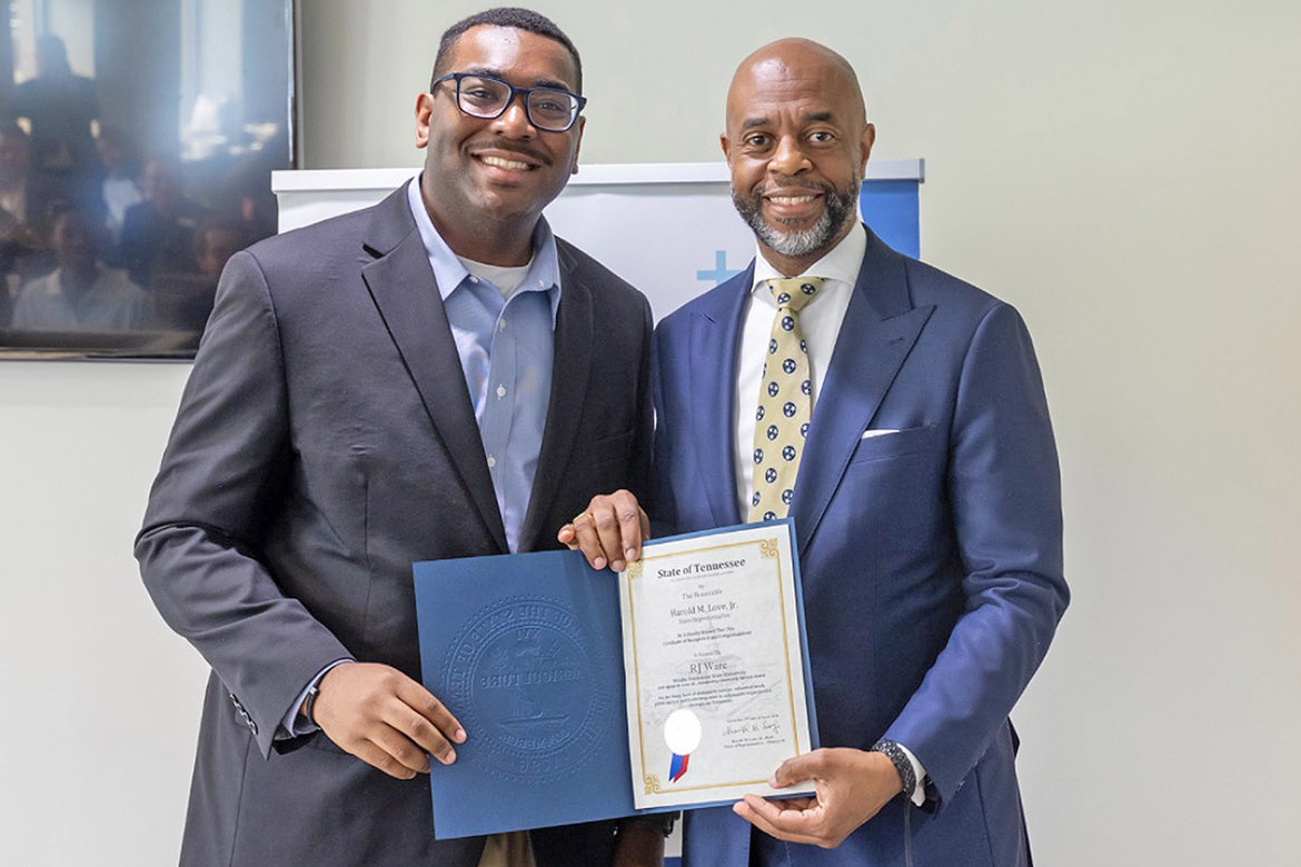 Middle Tennessee State University graduate student R.J. Ware of Hermitage, Tenn., accepts the 2026 Harold Love Outstanding Community Service Award from state Rep. Harold Love Jr. of Nashville, Tenn., at a special ceremony held April 29 at the Tennessee Capitol in Nashville. The award is given annually to five students and five faculty or staff from the state’s postsecondary institutions. (Submitted photo)
