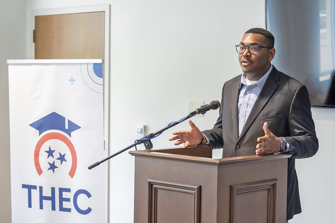 Middle Tennessee State University graduate student R.J. Ware of Hermitage, Tenn., gives an acceptance speech as one of 10 recipients of the 2026 Harold Love Outstanding Community Service Award at a special ceremony held April 29 at the Tennessee Capitol in Nashville, Tenn. The award is given annually to five students and five faculty or staff from the state’s postsecondary institutions. (Submitted photo)