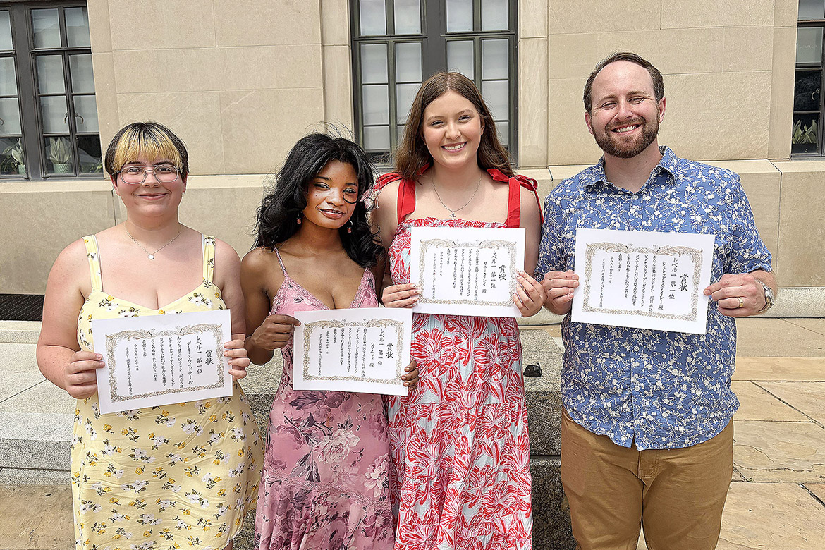 From left, Grace Widener, a double major in art education and Japanese; Gia Head, an art major; and Japanese majors Sunnie Ishii and Jared Stacey hold their certificates at the Nashville Cherry Blossom Festival after winning first place in the Tennessee Japanese Video Skit and Presentation Contest held April 11, 2026. The four students from Middle Tennessee State University in Murfreesboro, Tenn., won the Level 1 category, with their skit centered on Japanese culture and society. (Submitted Photo)