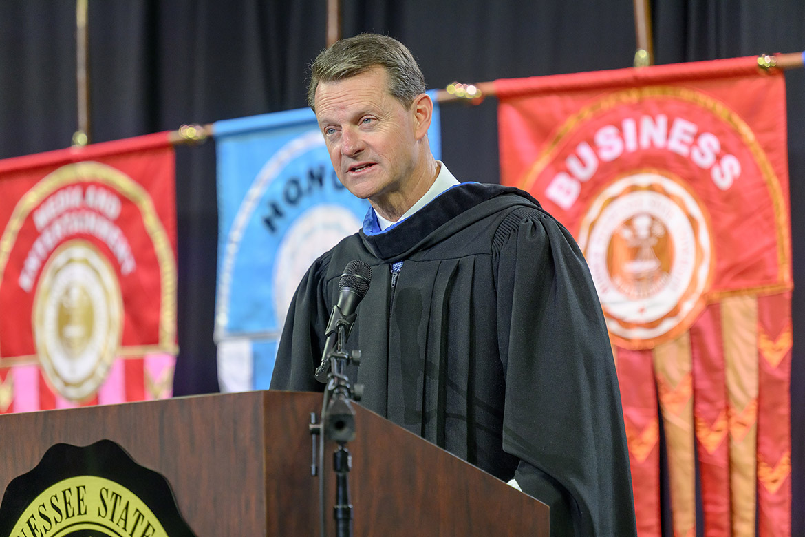 Stuart C. McWhorter, deputy governor and commissioner of the Tennessee Department of Economic and Community Development, gives words of encouragement to Class of 2026 graduates on Saturday, May 9, at the second of three commencement ceremonies at Middle Tennessee State University’s Murphy Center in Murfreesboro, Tenn. The university celebrated more than 2,500 graduates during its spring 2026 ceremonies. (MTSU photo by Andy Heidt)