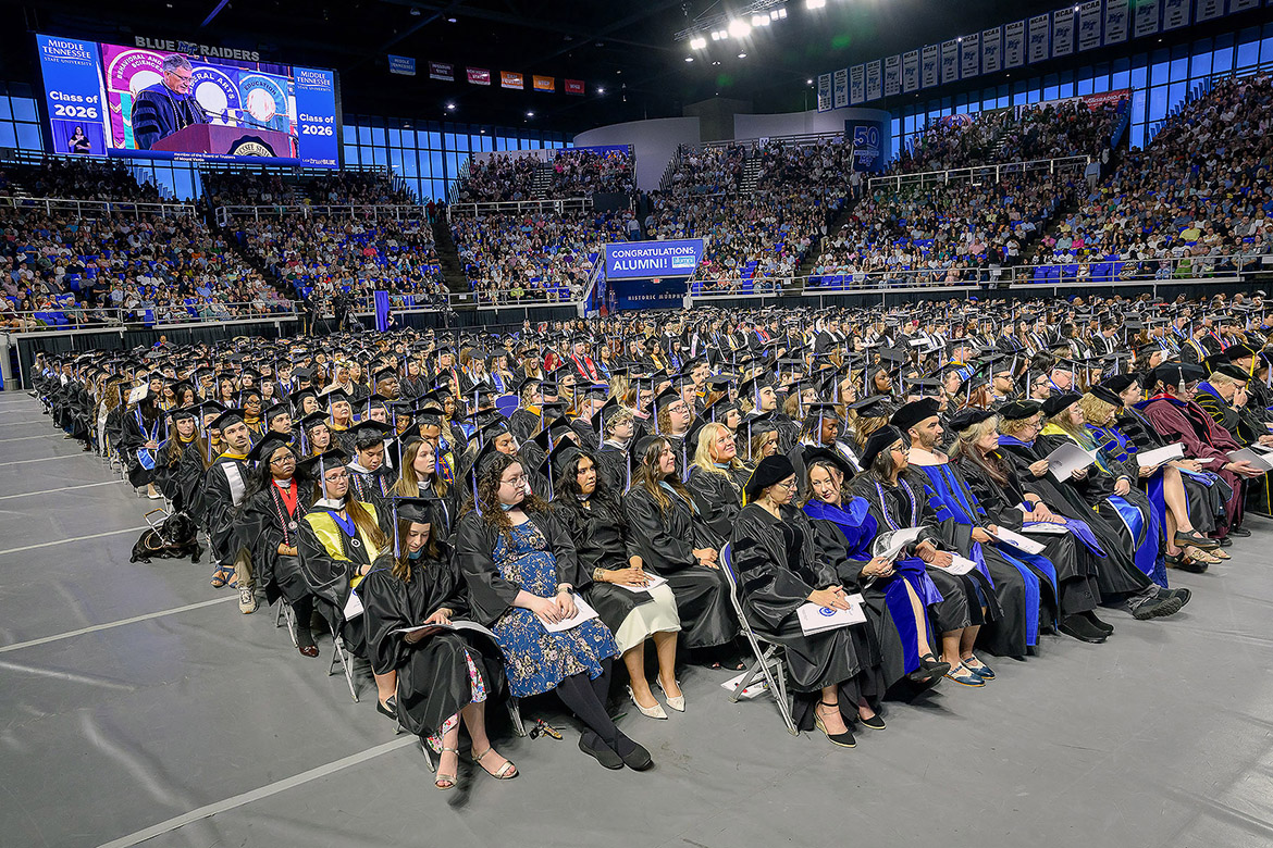 Middle Tennessee State University faculty, Class of 2026 graduates and thousands of family members and supporters listen to welcome remarks from Provost Mark Byrnes during the 2026 morning commencement ceremony held Saturday, May 9, inside Murphy Center on campus in Murfreesboro, Tenn. (MTSU photo by J. Intintoli)