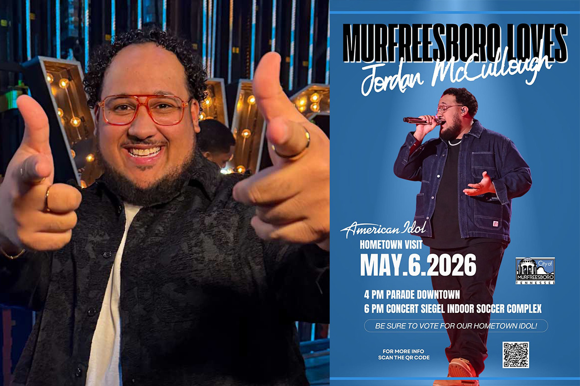 Jordan McCullough pointing both hands at camera paired with illustration of him singing and event information