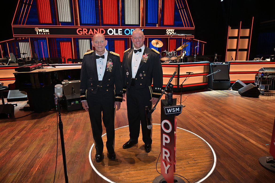 Retired Army Lt. Gen. Keith Huber, MTSU's senior advisor for veterans and leadership initiatives (left), joined Army Lt. Gen. Robert Harter, chief of Army Reserve and commanding general, Army Reserve Command, on stage at the Grand Ole Opry before the 2026 Salute the Troops event at the Opry House (MTSU Photo by James Cesssna)