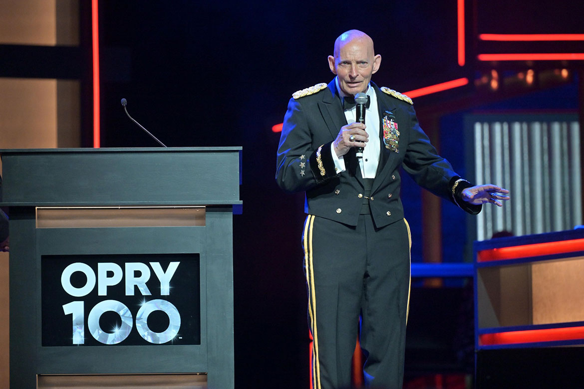 Retired Army Lt. Gen. Keith Huber, MTSU's senior advisor for veterans and leadership initiatives, again served as guest announcer at the Grand Ole Opry’s annual Salute the Troops event (MTSU Photo by James Cesssna)