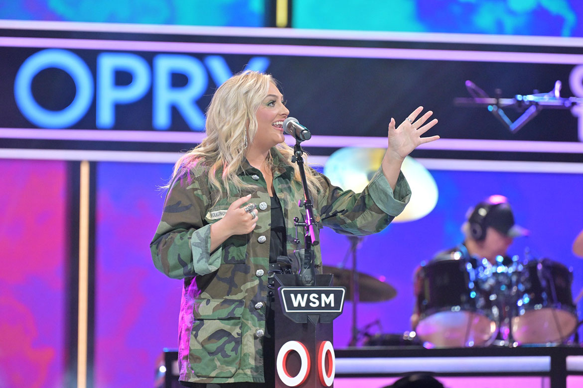 MTSU alumna Hunter Wolkonowski, known best as American Idol runner-up HunterGirl, delivered a special shoutout to Huber and the Daniels Center before her set at the Grand Ole Opry’s 2026 Salute the Troops event (MTSU Photo by James Cessna)