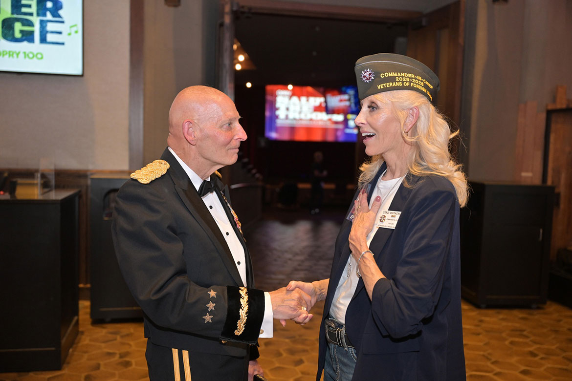 Retired Army Lt. Gen. Keith Huber, MTSU's senior advisor for veterans and leadership initiatives (left), shakes hands with Veterans of Foreign Wars Commander-in-Chief Carol Whitmore before the Grand Ole Opry’s 2026 Salute the Troops event (MTSU Photo by James Cessna)