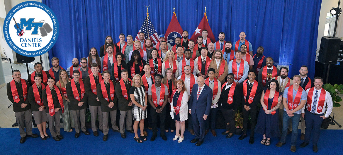 The Charlie and Hazel Daniels Veterans and Military Family Center’s 33rd Graduating Veterans Stole Ceremony group shot.