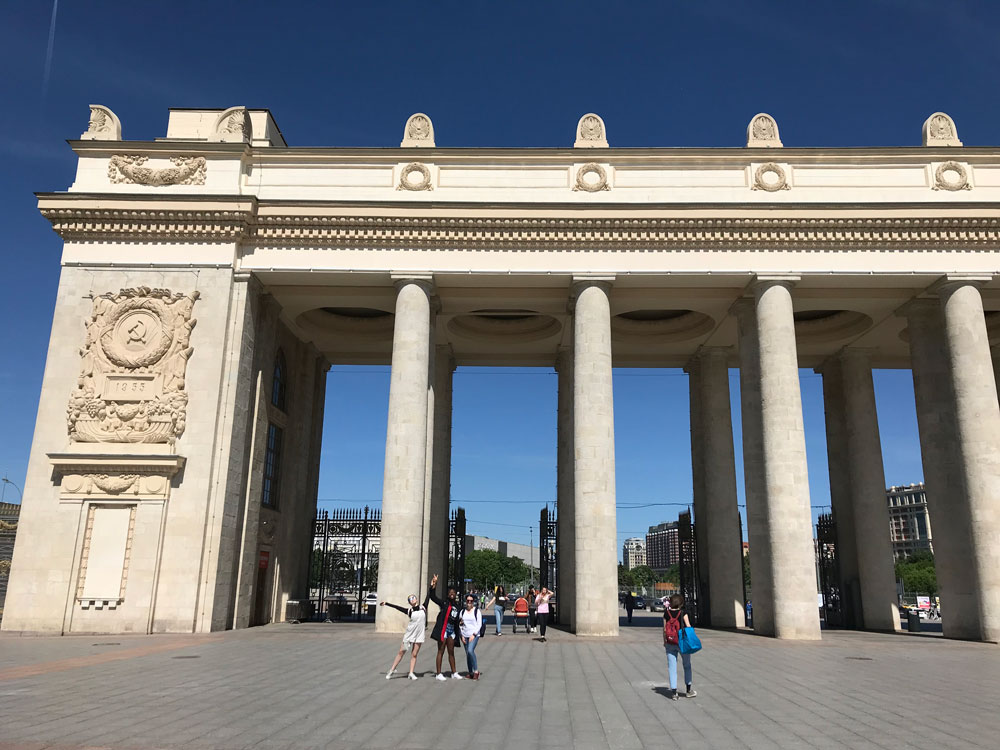 MTSU dance students Savannah Cook, Natasja Hall and Megan Manning stand in front of a monument inside Gorky Park in Moscow, Russia. (Photo submitted)