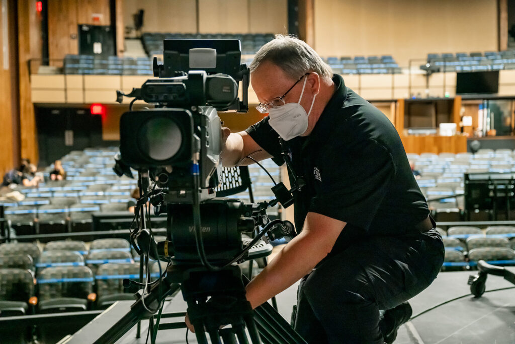 MTSU Department of Media Arts professor Robert "Bob" Gordon Jr. checks a camera placement while working with students in Tucker Theatre to record the MTSU Dance Theatre's 2020 Fall Dance Concert for broadcast Saturday, Nov. 21. (MTSU photo by Andy Heidt)