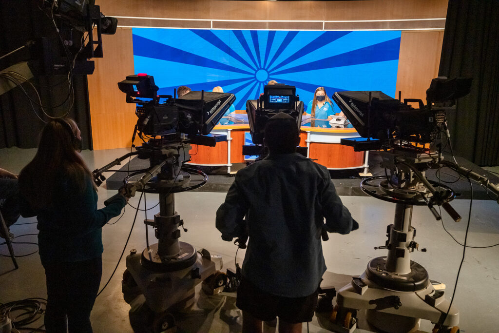 MTSU Department of Media Arts professor Robert "Bob" Gordon Jr.'s students produce one of six episodes of their game show "Don't @ Me" in Studio 1 of the Bragg Media and Entertainment Building. (MTSU photo by Andy Heidt)