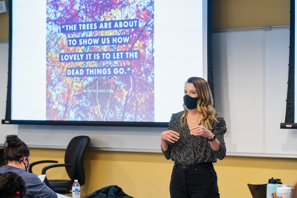 Katie Schrodt, Elementary & Special Education faculty, teaching in the College of Education Building. (Photo: Andy Heidt)