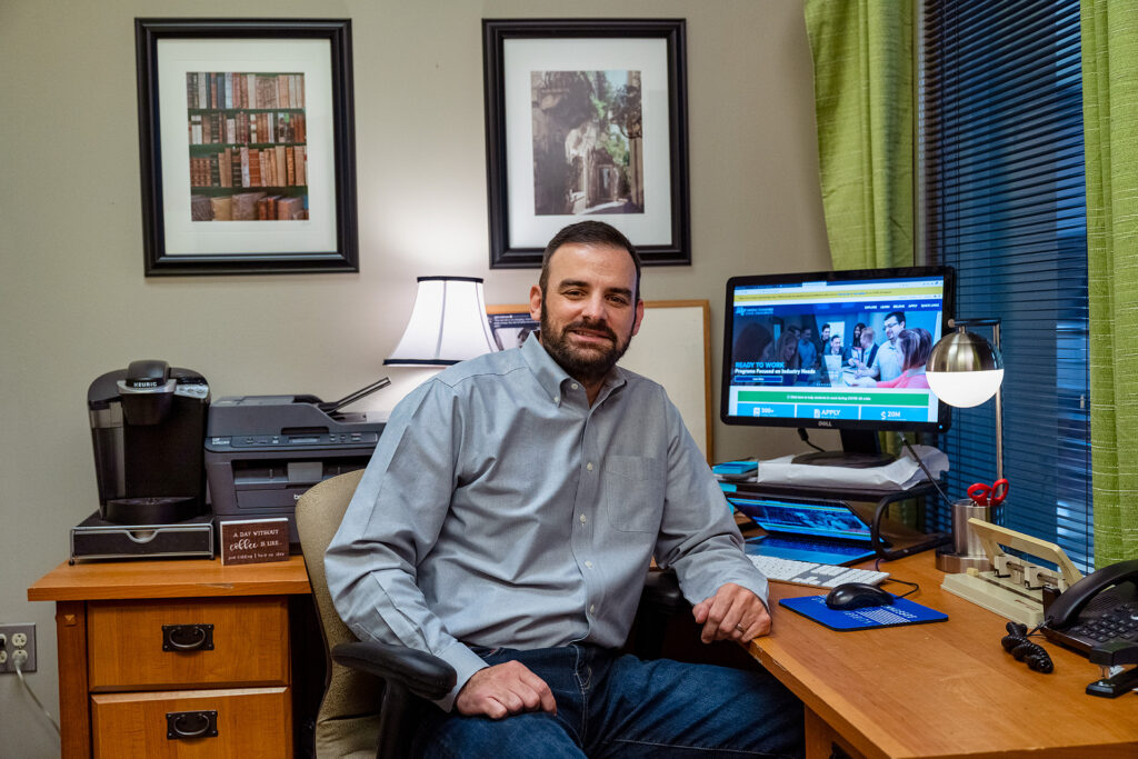 Matthew Taylor, Journalism and Strategic Media faculty, in and around the Bragg Media and Entertainment Building. (Photo: Andy Heidt)