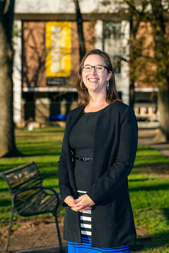 Jenna Gray-Hildenbrand, Philosophy and Religious Studies faculty, in Walnut Grove for her faculty profile. (Photo: Andy Heidt)