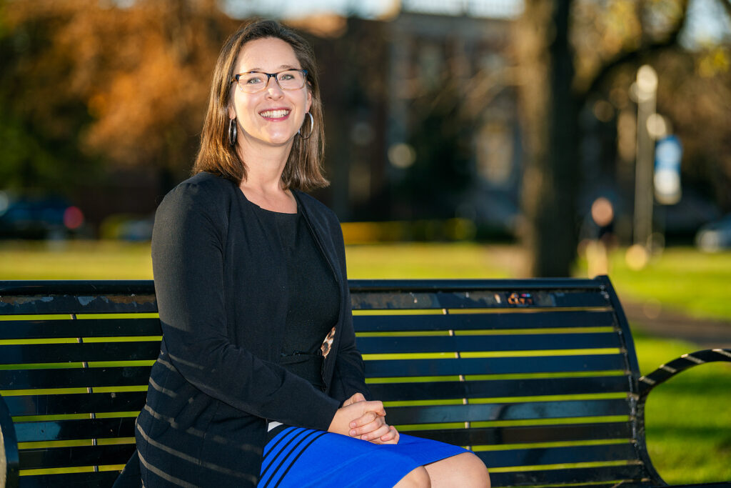 Jenna Gray-Hildenbrand, Philosophy and Religious Studies faculty, in Walnut Grove for her faculty profile. (Photo: Andy Heidt)