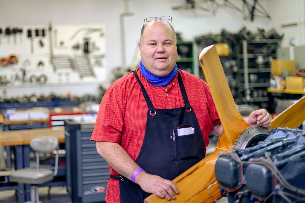 Bill Allen, Aerospace faculty in the maintenance hanger at the Murfreesboro Airport campus. (Photo: J. Intintoli)