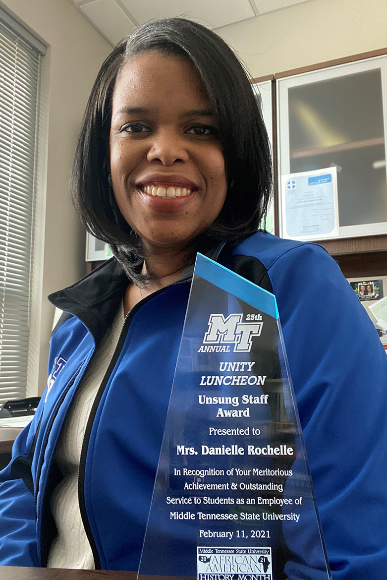 Danielle Rochelle, outreach coordinator for the MT One Stop and a member of MTSU Black History Month Committee, was the Unsung Staff Award recipient for this year’s 25th Unity Celebration that recognized unsung heroes in the community as part of the University’s Black History Month celebration. (Submitted photo)