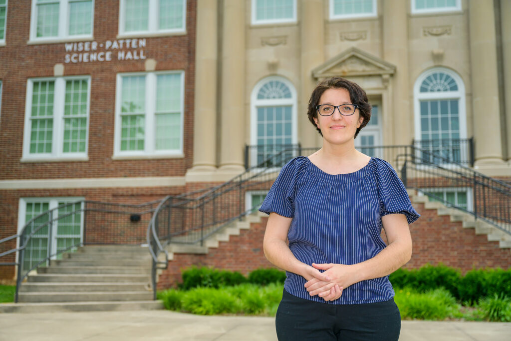 Hanna Terletska, Physics & Astronomy faculty, in and around Wiser-Patten Science Hall and Strobel Lobby. (Photo: Andy Heidt)