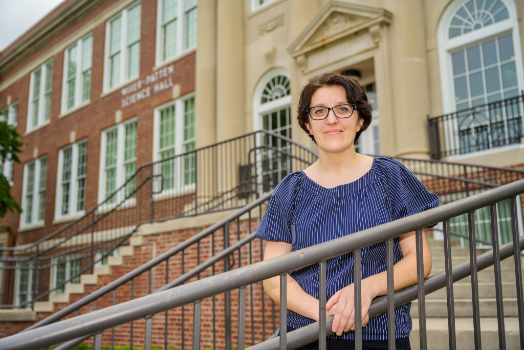 Hanna Terletska, Physics & Astronomy faculty, in and around Wiser-Patten Science Hall and Strobel Lobby. (Photo: Andy Heidt)