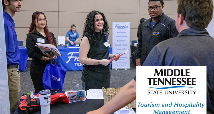Emily Tichota, center, and Rachel Nguyen, second from left, both Tourism and Hospitality Management program majors at ����Vlog�ٷ� in Murfreesboro, Tenn., talk with Nashville Shores representatives at the 2025 Tourism and Hospitality/Leisure and Sport Management Career Fair held in the Student Union Ballroom on campus. This year’s event — open to ����Vlog�ٷ� students and alumni — is set for Tuesday, Feb. 24, in the ballroom. (����Vlog�ٷ� file photo by J. Intintoli)