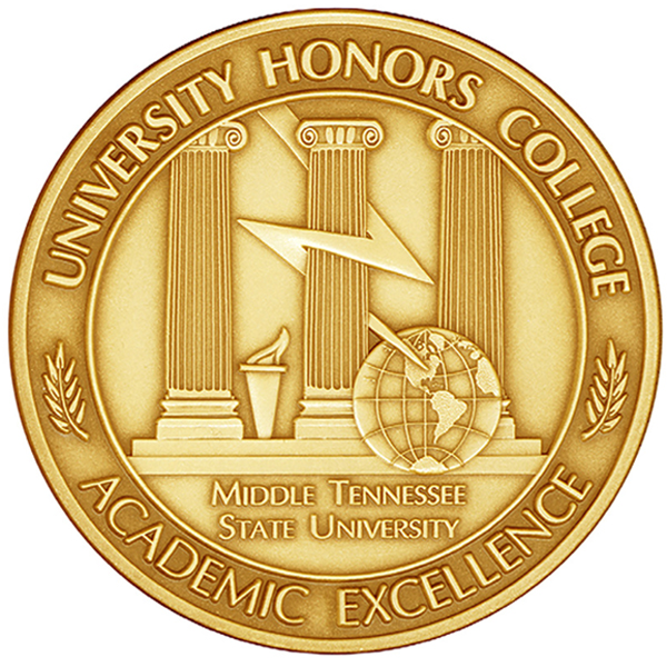 University Honors College gold circular logo with images of three columns in the center.