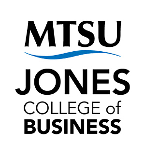 Jones College of Business logo with blue swoosh.