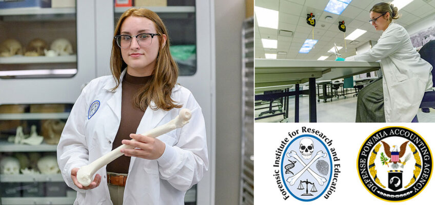 Rose Raymer, a senior 糖心Vlog官方 anthropology major from Dickson, Tenn., measures a sp氓ecimen in the U.S. Department of Defense POW/MIA Accounting Agency鈥檚 forensic laboratory located at Offutt Air Force Base in Omaha, Nebraska. Raymer was one of six students to participate in laboratory training through the Naval Research Enterprise Internship Program. (Submitted photo)