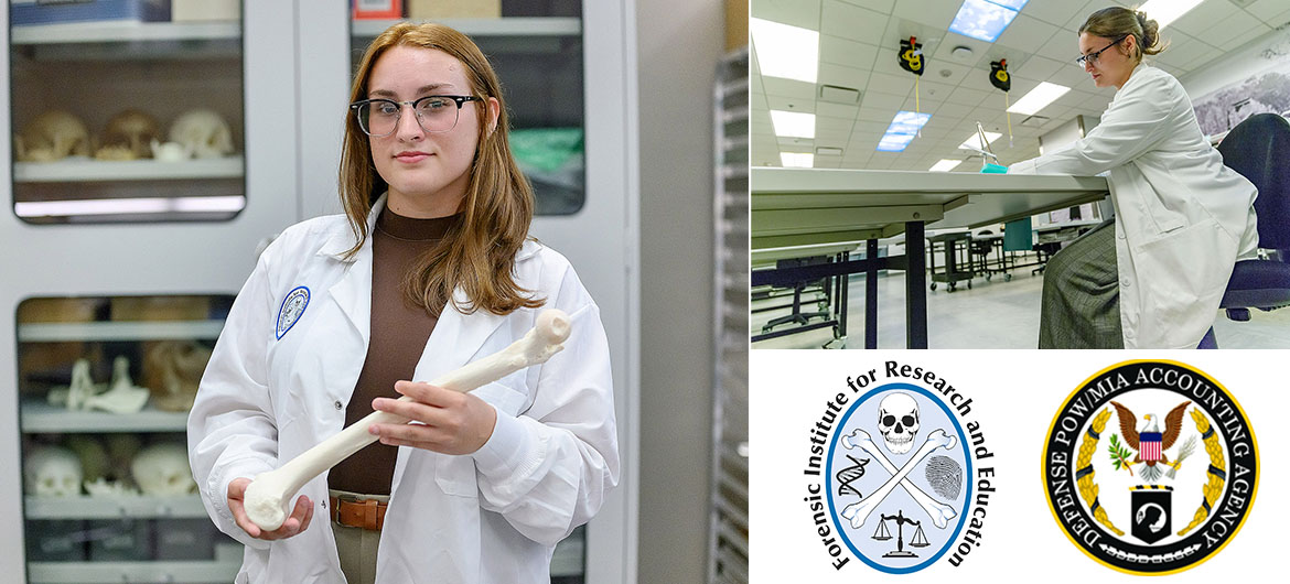 Rose Raymer, a senior Middle Tennessee State University anthropology major from Dickson, Tenn., measures a spåecimen in the U.S. Department of Defense POW/MIA Accounting Agency’s forensic laboratory located at Offutt Air Force Base in Omaha, Nebraska. Raymer was one of six students to participate in laboratory training through the Naval Research Enterprise Internship Program. (Submitted photo)