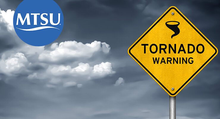 Tornado siren testing illustration with tornado warning sign and MTSU button logo and storm clouds in background.