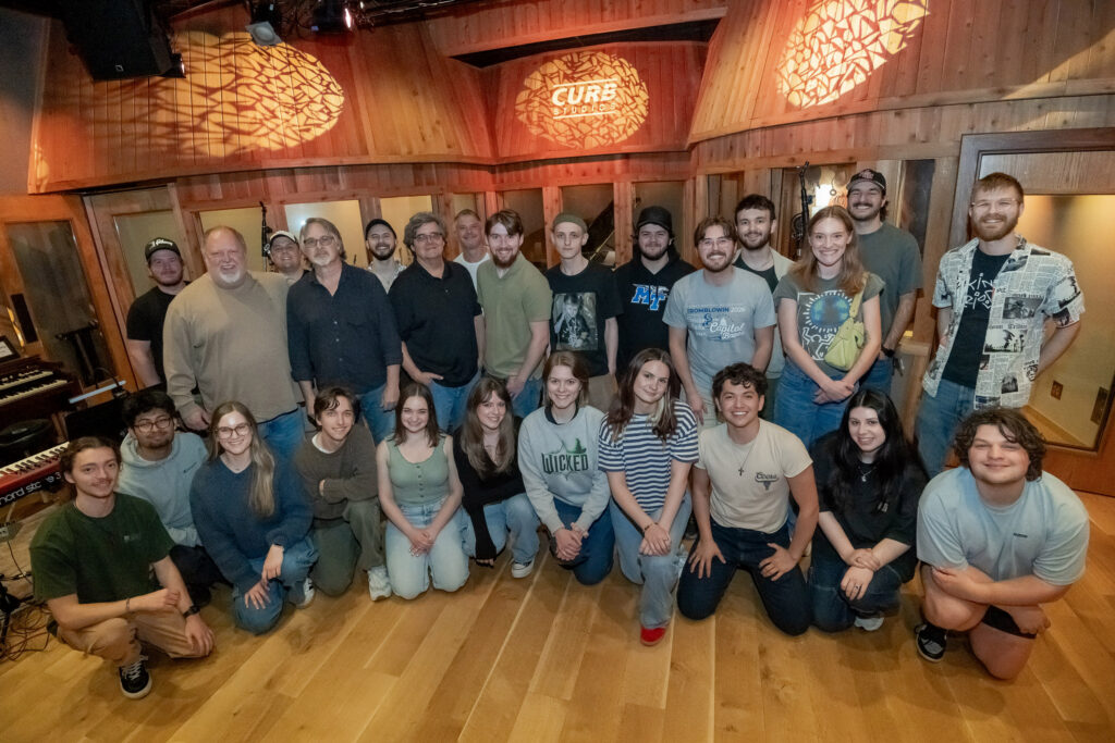 Students in the MFA recording arts and technologies and commercial songwriting programs at Middle Tennessee State University in Murfreesboro, Tenn., are seen here inside of Curb Studios located in Nashville, Tenn., on April 10, 2026, after a recording session arranged by MTSU commercial songwriting professor Odie Blackmon, standing second from left, and audio production professor Bill Crabtree, standing sixth from left. (MTSU photo by Cat Curtis Murphy)