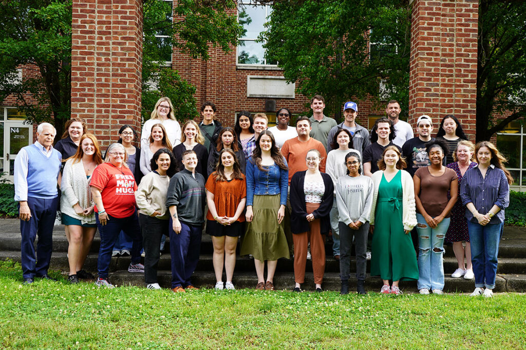 Middle Tennessee State University faculty member David Foote, far left, professor of management in the Jones College of Business and co founder of MTSU’s Institute of Leadership Excellence, takes a group photo with the institute’s Class of 2026 outside the Paul W. Martin Sr. Honors Building on campus in Murfreesboro, Tenn. The institute celebrated its 20th year this year. (MTSU photo by Robin E. Lee)