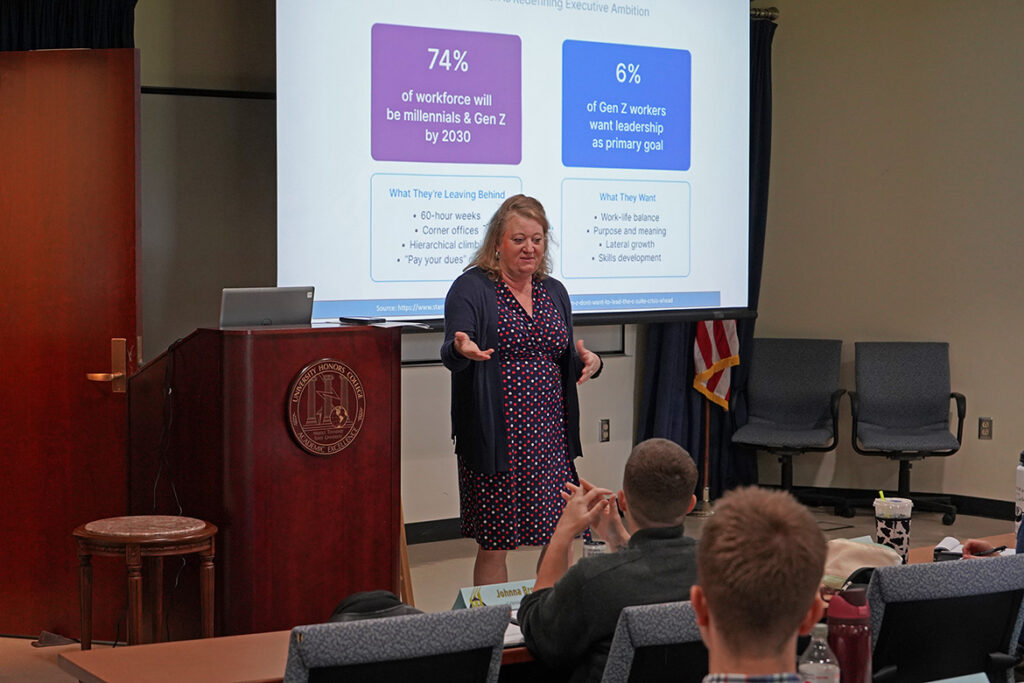 Middle Tennessee State University faculty member Leigh Anne Clark, professor of management in the Jones College of Business and director of MTSU’s Institute of Leadership Excellence, addresses the institute’s Class of 2026 inside the Paul W. Martin Sr. Honors Building on campus in Murfreesboro, Tenn. The institute celebrated its 20th year this year.
